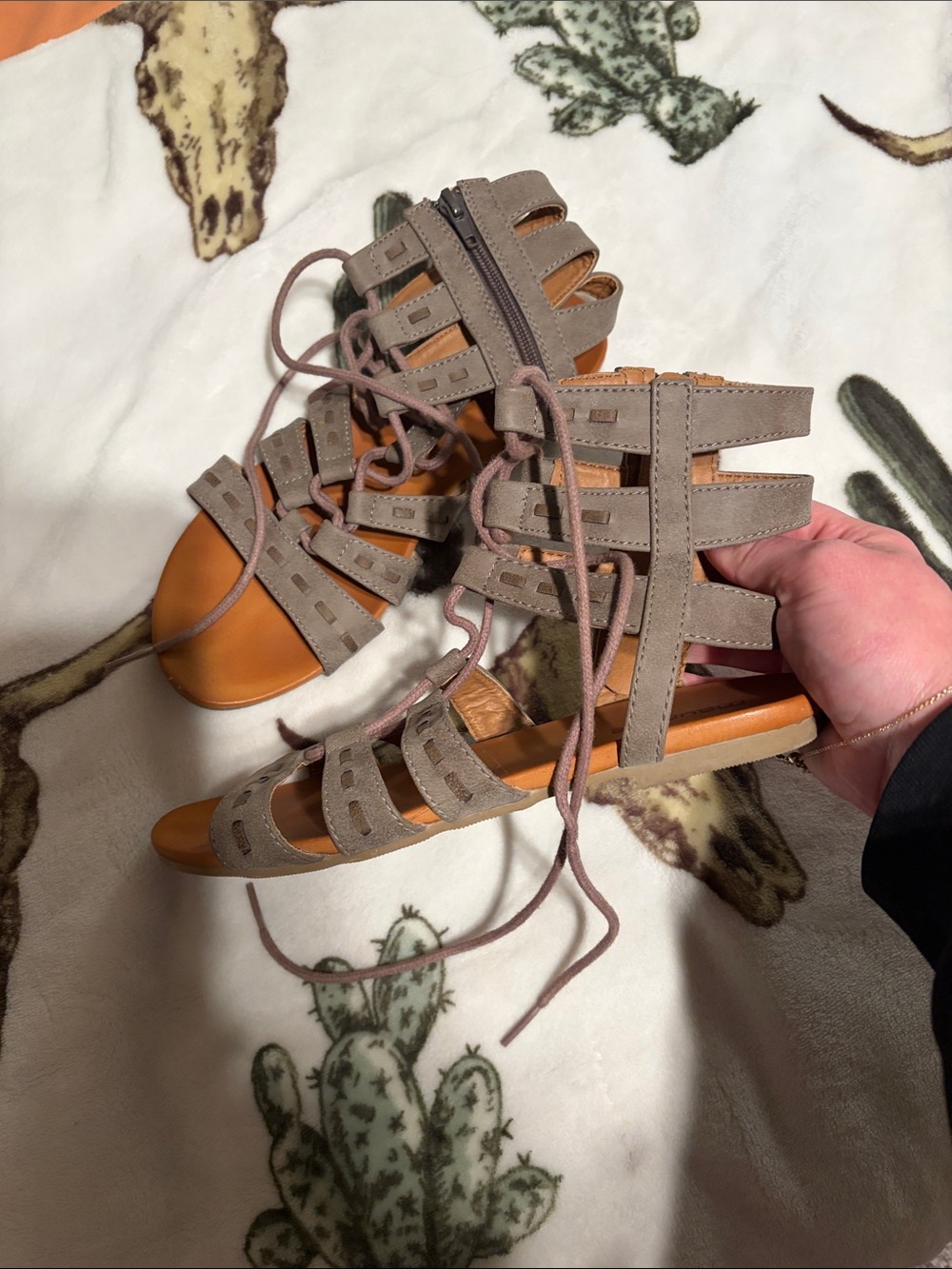 Womens Taupe Lace-Up Gladiator Sandals